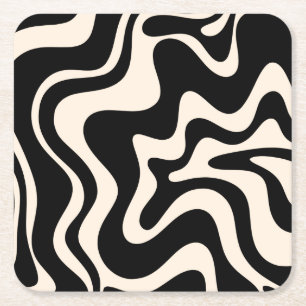Retro Liquid Swirl Abstract Pattern Black Cream Square Paper Coaster