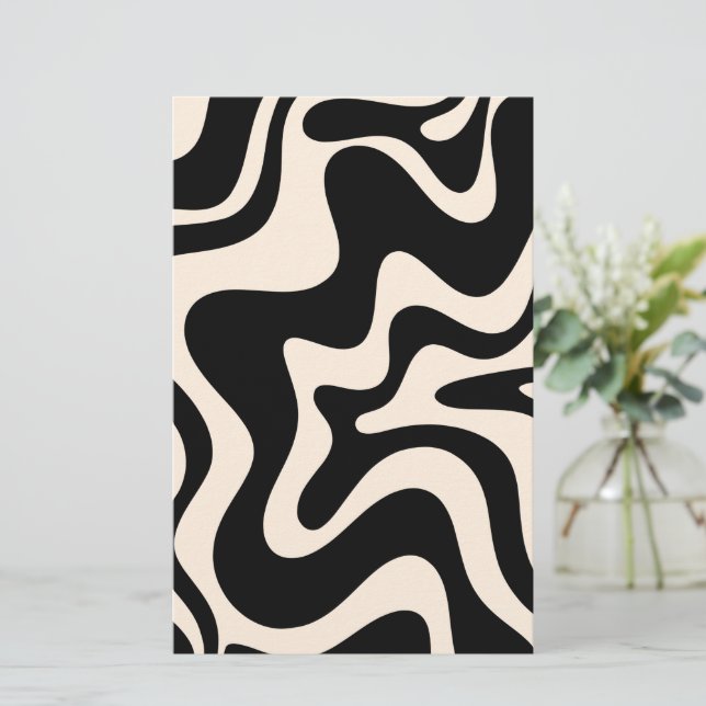 Retro Liquid Swirl Abstract Pattern Black Cream Stationery (Standing Front)