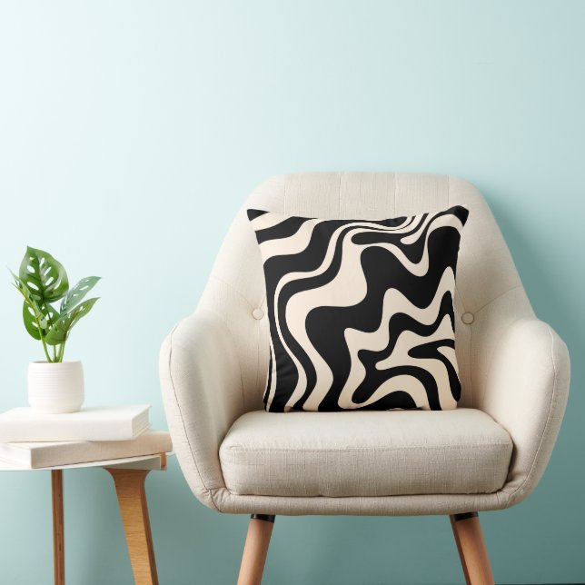 Retro Liquid Swirl Abstract Pattern Black & Cream Throw Pillow (Chair)