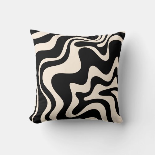 Retro Liquid Swirl Abstract Pattern Black Cream Throw Pillow