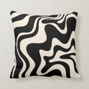 Retro Liquid Swirl Abstract Pattern Black Cream Throw Pillow