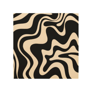 Retro Liquid Swirl Abstract Pattern Black Cream Wood Wall Art