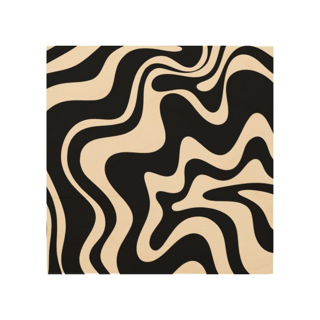 Retro Liquid Swirl Abstract Pattern Black Cream Wood Wall Art (Front)
