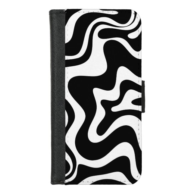 Retro Liquid Swirl Abstract Pattern Black & White iPhone Wallet Case (Front)