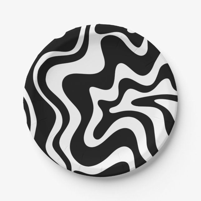 Retro Liquid Swirl Abstract Pattern Black & White Paper Plates (Front)