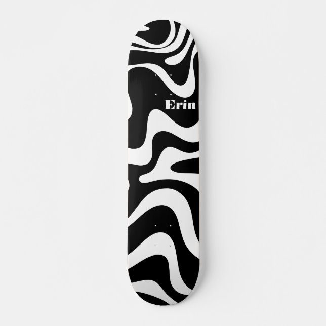 Retro Liquid Swirl Abstract Pattern Black & White  Skateboard (Front)