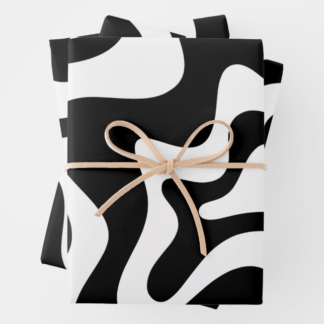 Retro Liquid Swirl Abstract Pattern Black & White Wrapping Paper Sheets (In situ)