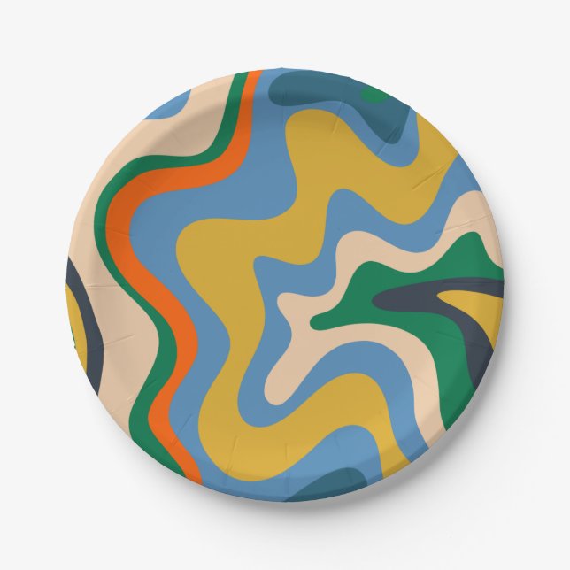 Retro Liquid Swirl Abstract Pattern Blue Mustard Paper Plates (Front)