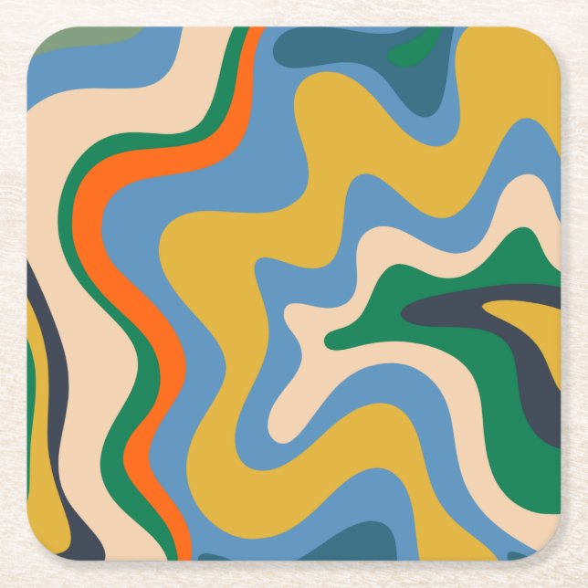 Retro Liquid Swirl Abstract Pattern Blue Mustard Square Paper Coaster (Front)