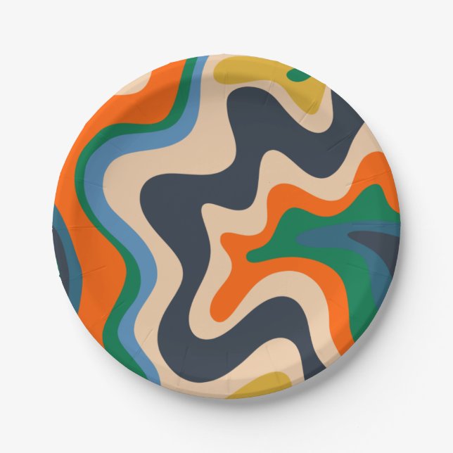 Retro Liquid Swirl Abstract Pattern Blue Orange Paper Plates (Front)