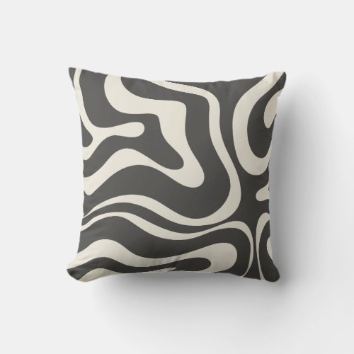 Retro Liquid Swirl Abstract Pattern Charcoal Cream Throw Pillow