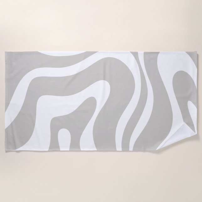 Retro Liquid Swirl Abstract Pattern Gray White Beach Towel (Front)