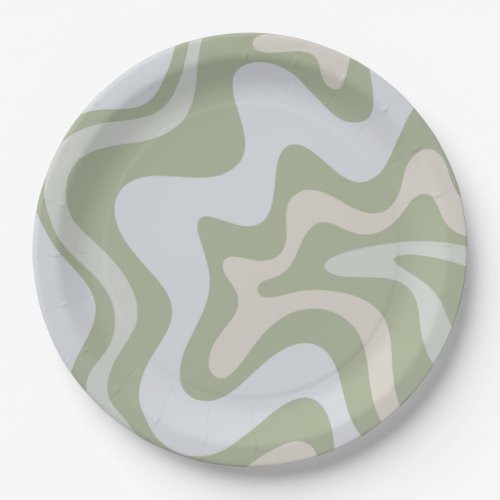 Retro Liquid Swirl Abstract Pattern in Sage Green Paper Plates