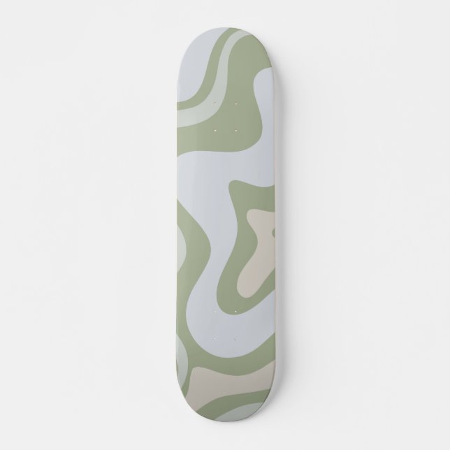 Retro Liquid Swirl Abstract Pattern in Sage Green  Skateboard (Front)
