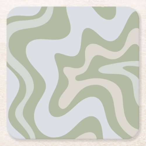 Retro Liquid Swirl Abstract Pattern in Sage Green Square Paper Coaster