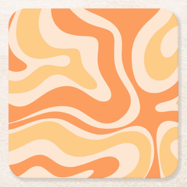 Retro Liquid Swirl Abstract Pattern in Soft Orange Square Paper Coaster (Front)