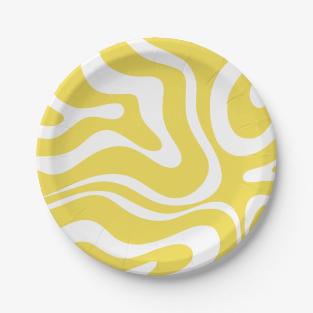 Retro Liquid Swirl Abstract Pattern in Yellow Paper Plates (Front)