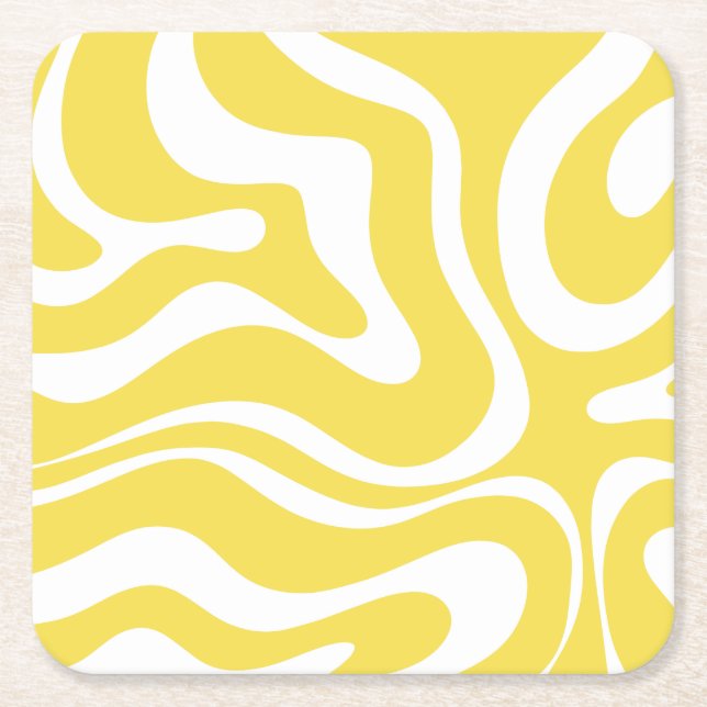 Retro Liquid Swirl Abstract Pattern in Yellow Square Paper Coaster (Front)