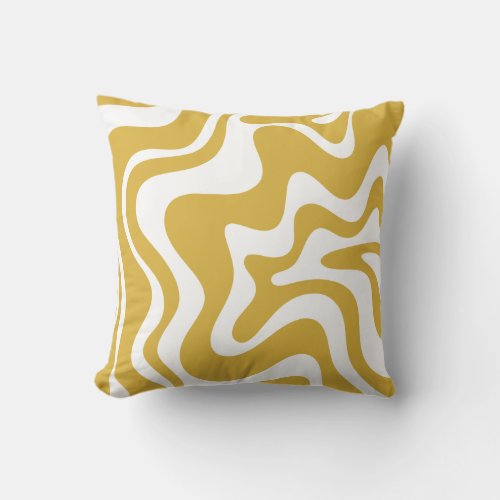 Retro Liquid Swirl Abstract Pattern Mustard White Throw Pillow