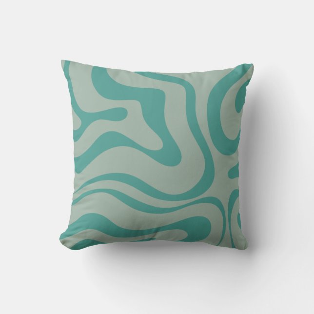 Retro Liquid Swirl Abstract Pattern Muted Teal Throw Pillow (Front)
