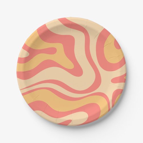 Retro Liquid Swirl Abstract Pattern Pink Yellow Paper Plates