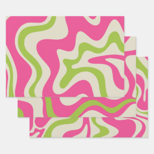 Retro Liquid Swirl Abstract Pattern Raspberry Lime Wrapping Paper Sheets