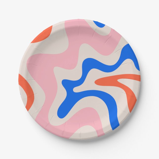 Retro Liquid Swirl Abstract Pink Orange Blue Paper Plates (Front)