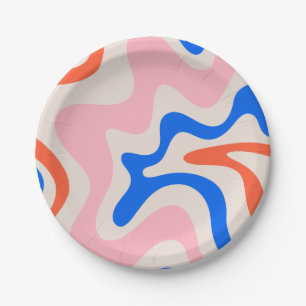 Retro Liquid Swirl Abstract Pink Orange Blue Paper Plates