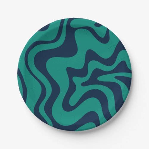 Retro Liquid Swirl Groovy Abstract Blue and Teal  Paper Plates