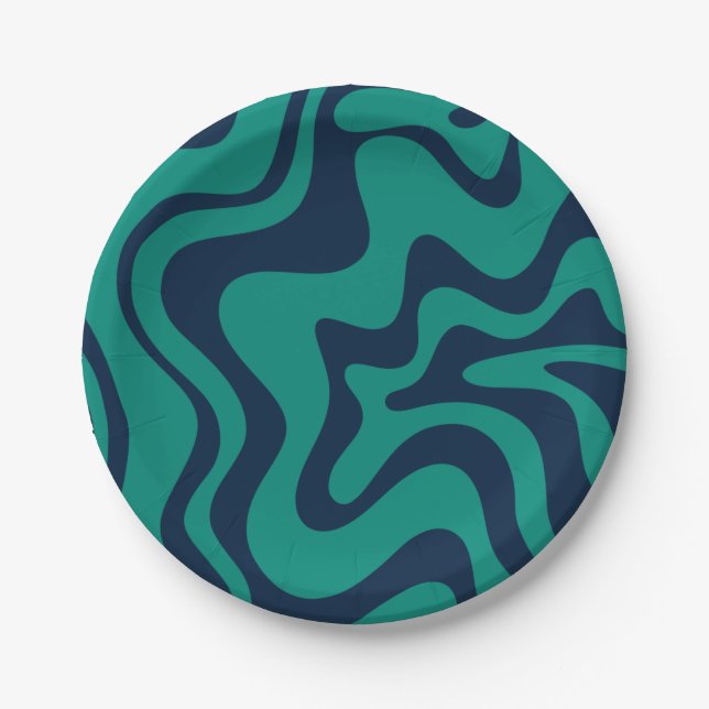 Retro Liquid Swirl Groovy Abstract Blue and Teal  Paper Plates (Front)