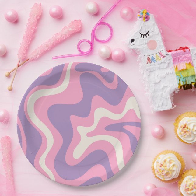 Retro Liquid Swirl Groovy Abstract Purple Pink Paper Plates (Party)