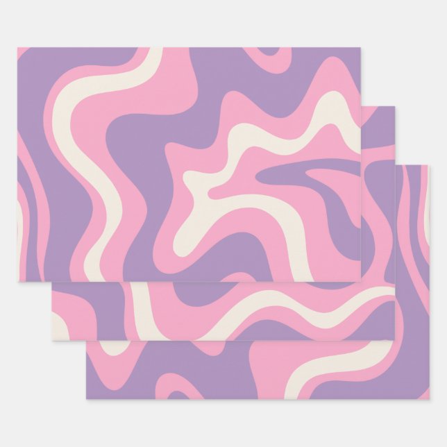 Retro Liquid Swirl Groovy Abstract Purple Pink Wrapping Paper Sheets (Set)