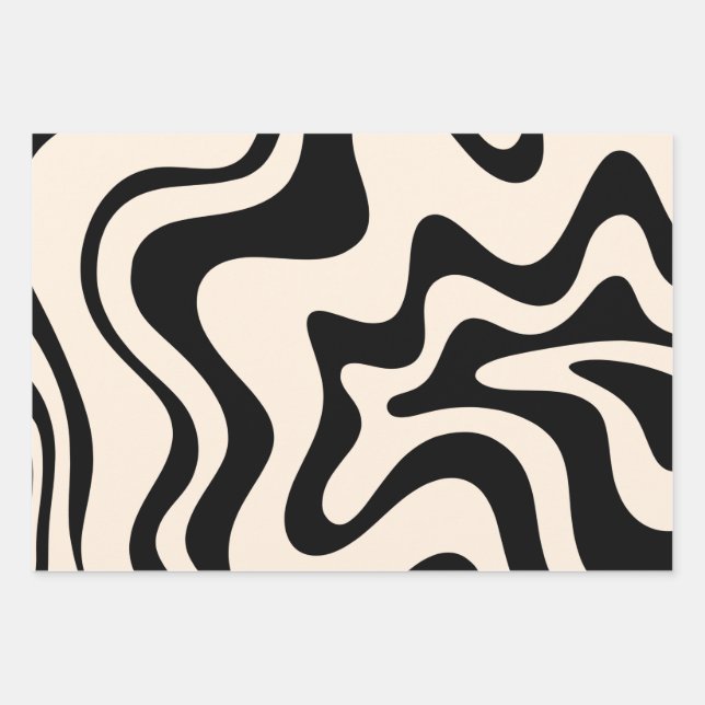 Retro Liquid Swirl Modern Abstract Pattern Black Wrapping Paper Sheets (Front)