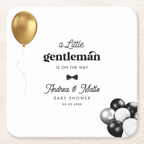 Retro Little Gentleman Balloons Boy Baby Shower Square Paper Coaster