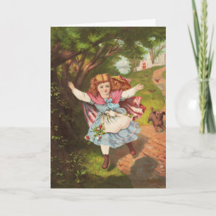 Retro Little Girl and Dog Lithograph Illustration Holiday Card