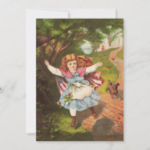 Retro Little Girl and Dog Lithograph Illustration Holiday Card