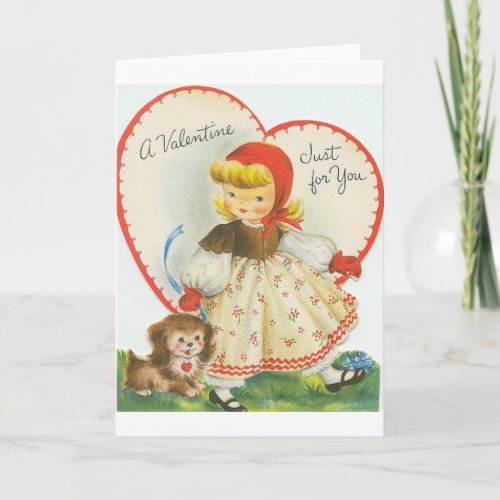 Retro Little Girl And Puppy Valentines Day Card