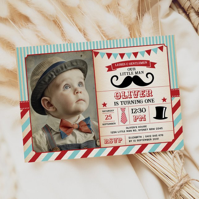 Retro Little Man Mustache 1st Birthday Boy Photo Invitation (Creator Uploaded)