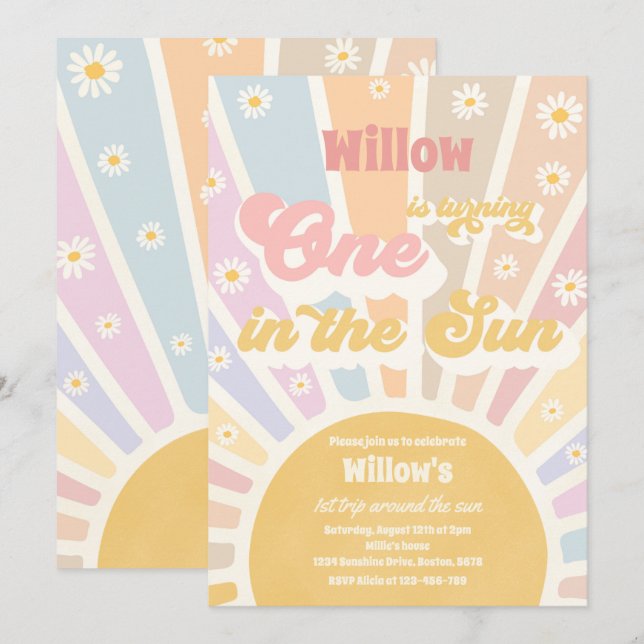 Retro Little Sunshine One In The Sun Birthday Invitation (Front/Back)