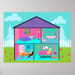 Retro Living Dollhouse Poster<br><div class="desc">This Retro Living Dollhouse Poster will add a touch of whimsy to any girl's room. The design features a cartoon drawing of a classic, child's dollhouse. The two-story dollhouse shows every little girl's idea of glamor. The kitchen features turquoise and pink walls and flooring, a light pink refrigerator, an orange...</div>