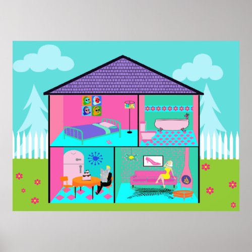 Retro Living Dollhouse Poster