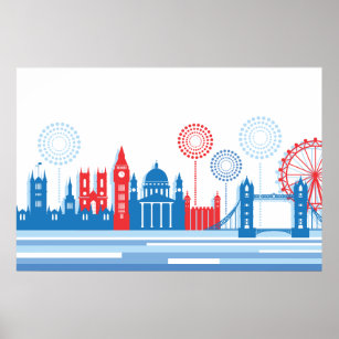 Retro London Skyline with Fireworks Poster