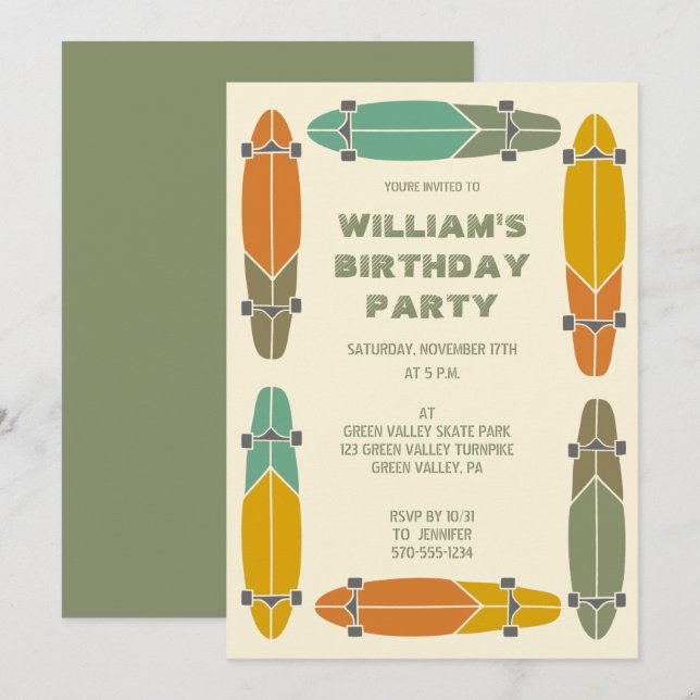 Retro Longboards Skateboard Skateboarding Birthday Invitation (Front/Back)