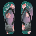 Retro Lotus Flowers Wedding Personalized Flip Flops<br><div class="desc">These classic yet trendy flip flops feature a retro aesthetic pattern of pink lotus flowers painting on dark teal green to pink gradient background. The gorgeous flip flops are a personalized and memorable gift for wedding party members: bride, bridesmaids, mother of the bride, maid of honor... They will add a stylish...</div>