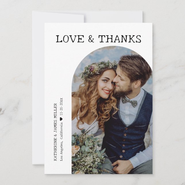 Retro Love and Thanks White Arch 2 Photo Wedding Thank You Card (Front)