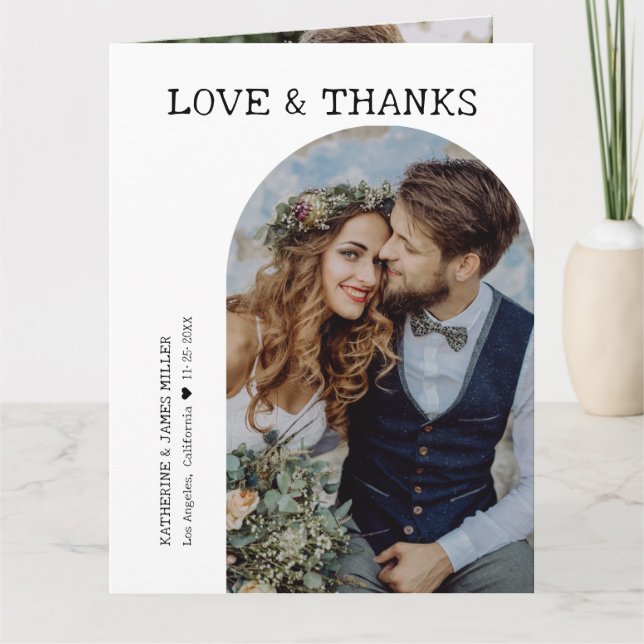 Retro Love and Thanks White Arch 2 Photo Wedding Thank You Card (Front)