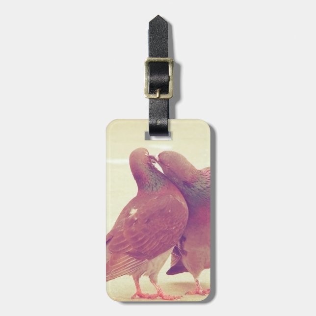 Retro Love Birds Kissing Pigeon Luggage Tag (Front Vertical)