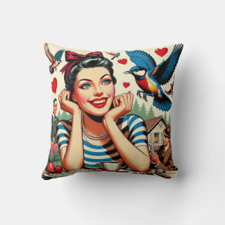 Retro Love Birds  Throw Pillow