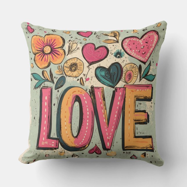 Retro Love Blooms Throw Pillow (Front)