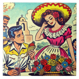 Retro Love Couple Comic Ceramic Tile